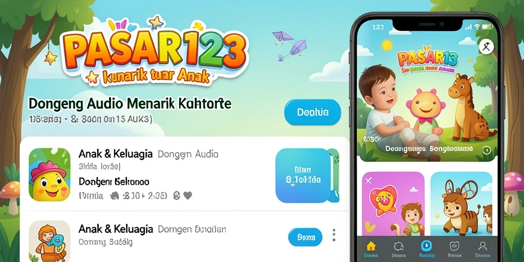 Tampilan antarmuka PASAR123 yang ramah anak dengan koleksi dongeng audio.